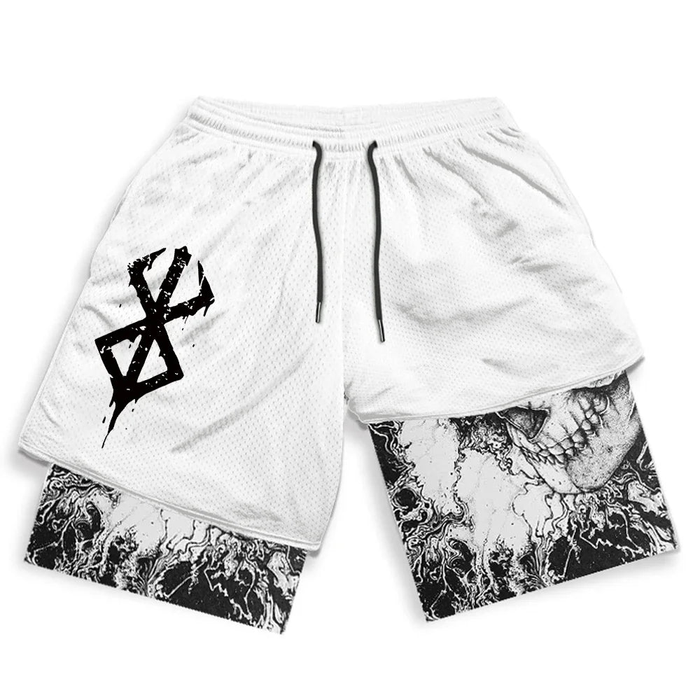 Pantalones cortos deportivos 2 en 1 para hombre, para gimnasio, correr, entrenar, pantalones cortos de entrenamiento con estampado 3D de Anime Berserk, transpirables, de doble capa