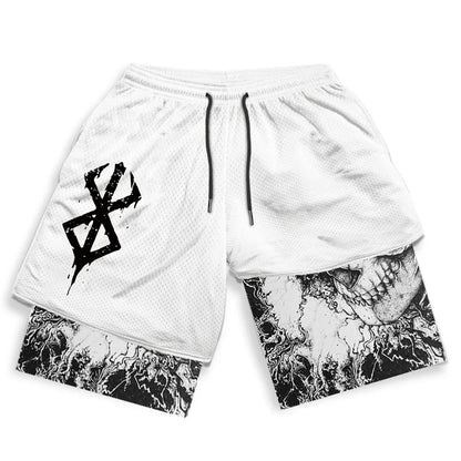 Pantalones cortos deportivos 2 en 1 para hombre, para gimnasio, correr, entrenar, pantalones cortos de entrenamiento con estampado 3D de Anime Berserk, transpirables, de doble capa