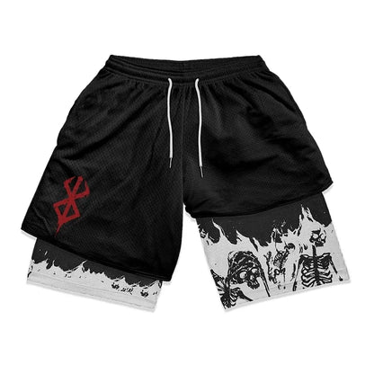 Pantalones cortos deportivos 2 en 1 para hombre, para gimnasio, correr, entrenar, pantalones cortos de entrenamiento con estampado 3D de Anime Berserk, transpirables, de doble capa