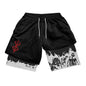Pantalones cortos deportivos 2 en 1 para hombre, para gimnasio, correr, entrenar, pantalones cortos de entrenamiento con estampado 3D de Anime Berserk, transpirables, de doble capa