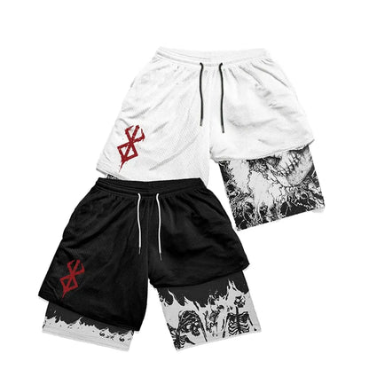 Pantalones cortos deportivos 2 en 1 para hombre, para gimnasio, correr, entrenar, pantalones cortos de entrenamiento con estampado 3D de Anime Berserk, transpirables, de doble capa