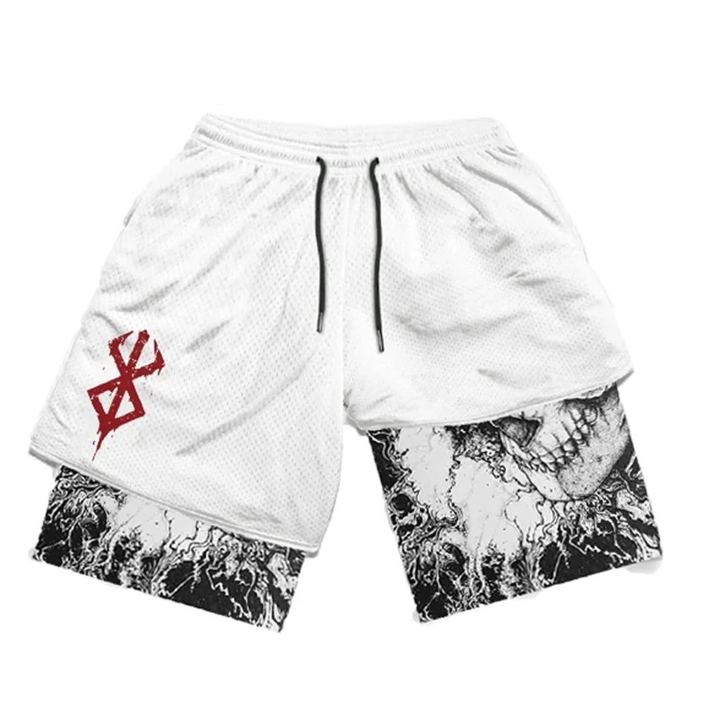 Pantalones cortos deportivos 2 en 1 para hombre, para gimnasio, correr, entrenar, pantalones cortos de entrenamiento con estampado 3D de Anime Berserk, transpirables, de doble capa